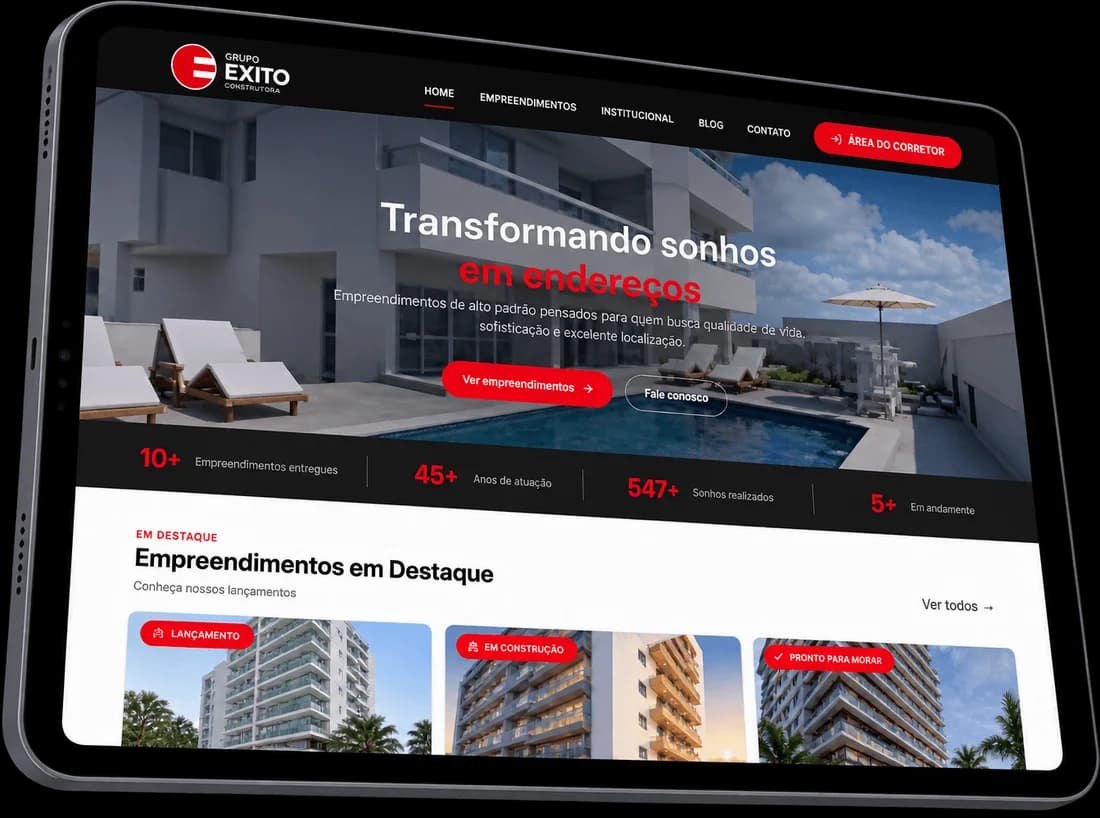 Novo site da Êxito Incorporações em um tablet
