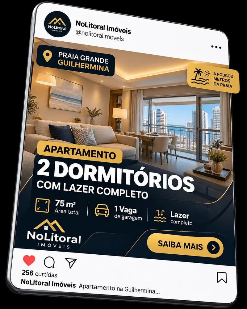 Exemplo de post para feed no formato 4:5, apartamento de 2 dormitórios na Guilhermina, Praia Grande